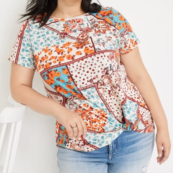 Maurices 24/7‎ Plus Size 2X Cream Orange Patchwork Austin Knot Hem Tee T-Shirt - Picture 1 of 6